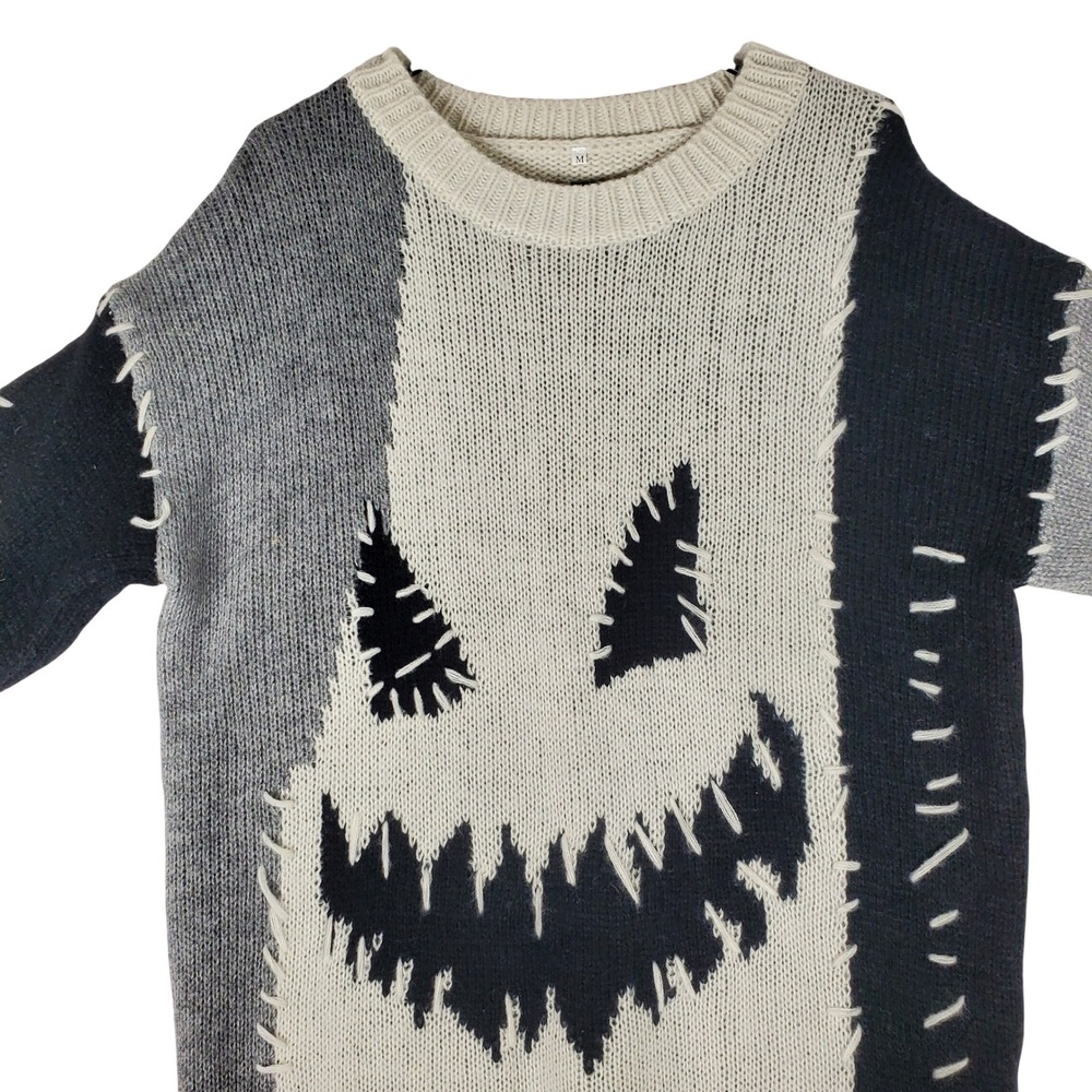 Halloween Jack O Lantern Patchwork Knit Sweater Cream Grey Black Womens Medium